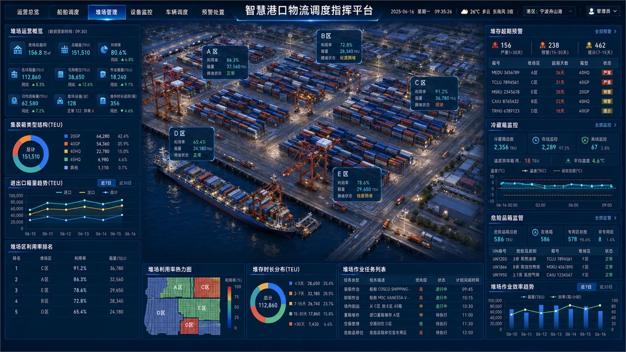 北京泓珊科技有限公司智慧港口物流调度可视化大屏真实案例界面